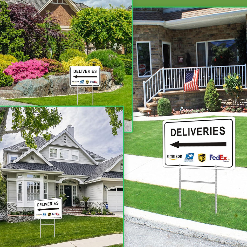 Deliveries Sign with Stake 12”x8” Delivery Sign with Arrow Left Aluminum Metal Delivery Instruction for Packages Easy Installation for Home