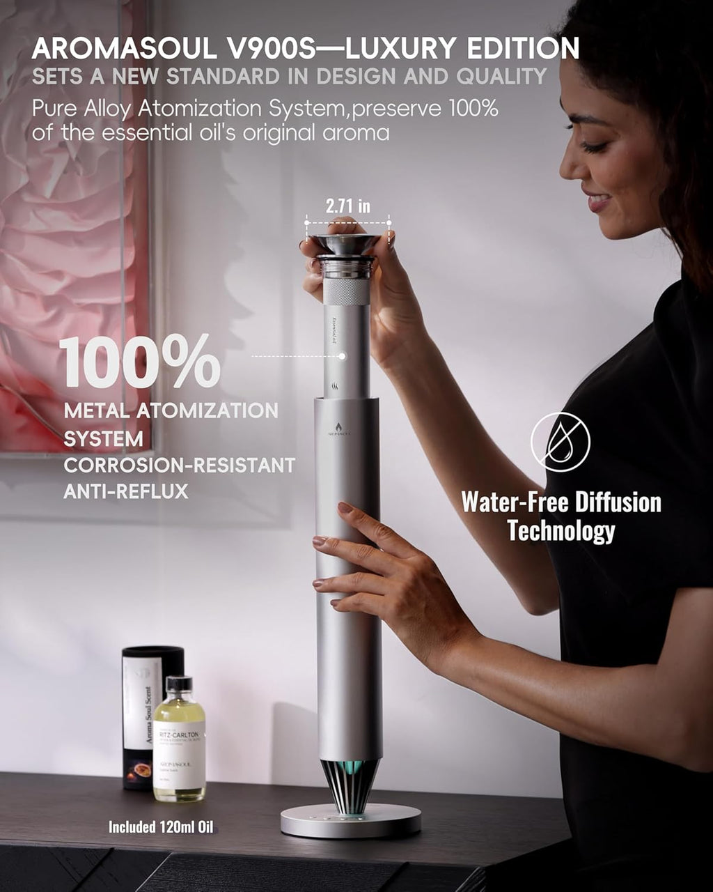 Waterless Scent Diffuser Starter Kit - 1500 Sq Ft Coverage, Alloy Atomization System,Mood Light,Smart Rechargeable Hotel Scent Diffuser, Including 120ml Essential Oil, for Home,Large Room,Spa,Silver