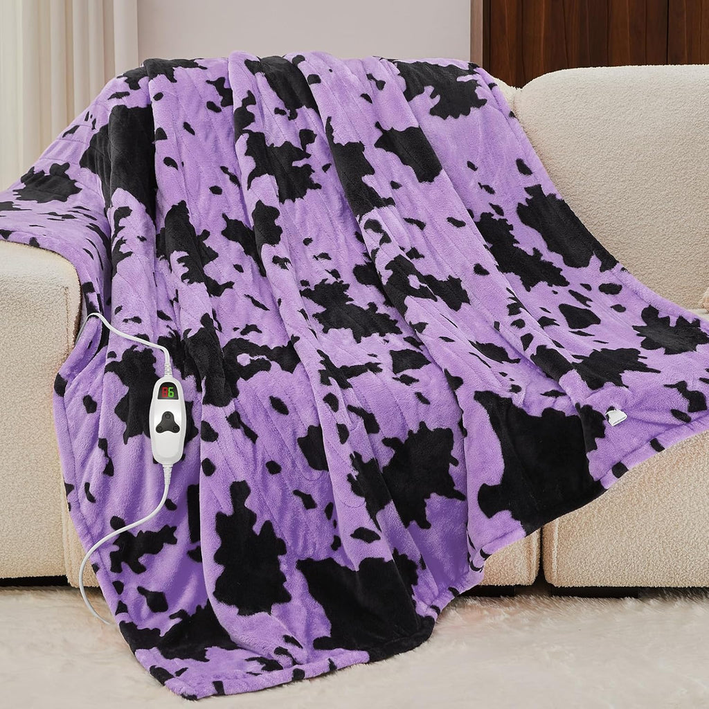 Purple Heated Electric Blanket Throw,50X60 Highland Cow Print Heating Blanket with 10 Heats Levels & 8 Hours Auto Off,Highland Cow Decor Fleece Sherpa Blankets Warmer Gifts for Women Adults Washable