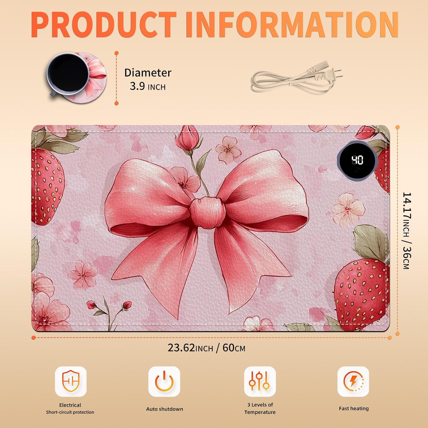 Heated Mouse Pad 23.6 x 14 in 3-Temp Fast Heating Desk Mat with Auto Timer Warmer for Hands Wrist Pain Relief Waterproof Keyboard Mat for Office, Gaming, Home, Pink Bow Floral