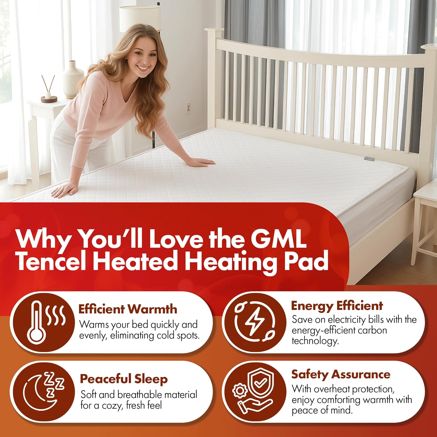 GML Premium Tencel Triple-Layer Heated Mattress Pad, Machine Washable, 15-Hour Auto Shut-Off, 5 Heat Settings, Timer, Smart Controller, Electric Mattress Pad & Bed Warmer - Twin Size, 71x35