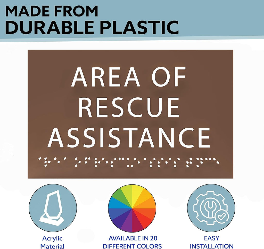 6" X4" Area of Rescue Assistance Sign- Tactile Graphics Grade 2 Braille Text ADA Compliant Sign |ADA Compliant Plastic Signs for Schools, Offices, Businesses, Apartments & Restaurants