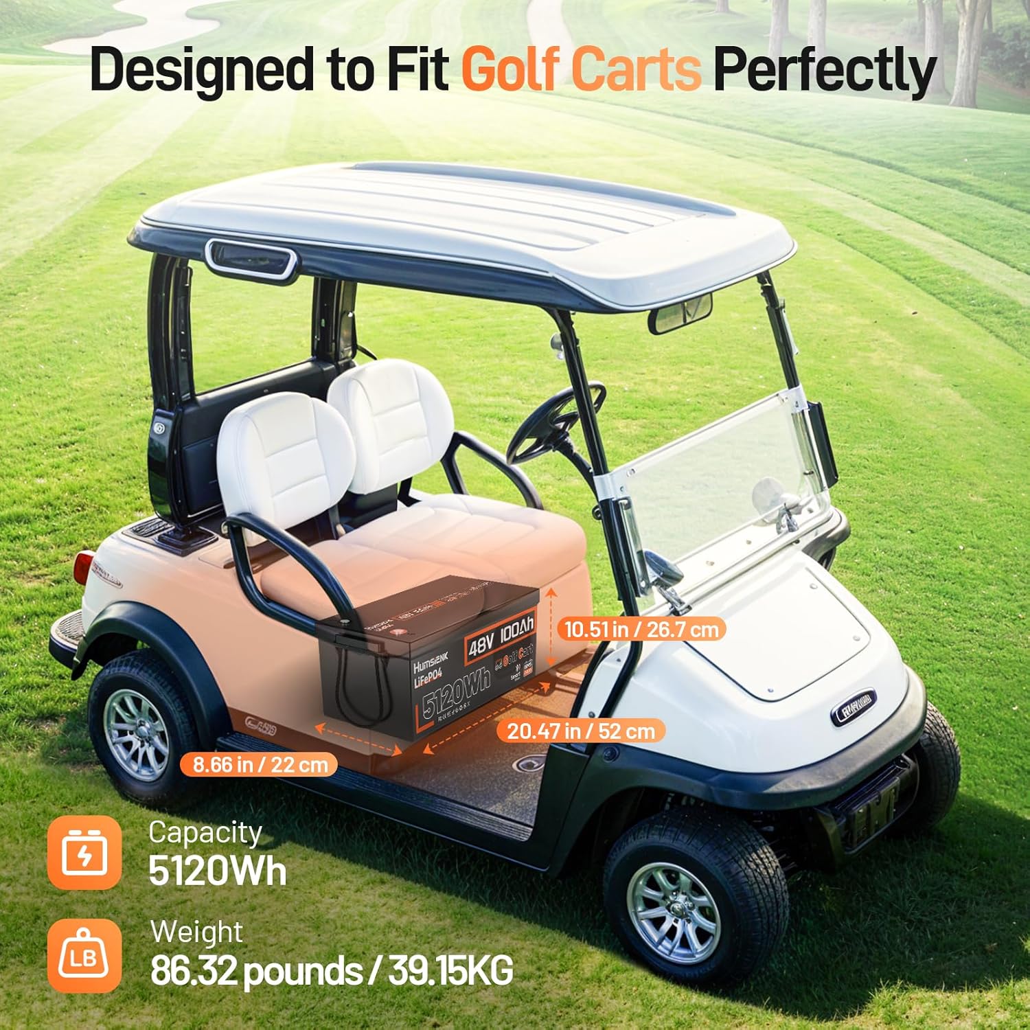 HumsiENK 48V 100Ah Golf Cart LiFePO4 Lithium Battery Bluetooth Monitor with 15A Charger, 15000+ Cycles Battery with Peak Current 600A & Group 8D, 200A BMS with Low-Temp Protection for Golf Carts