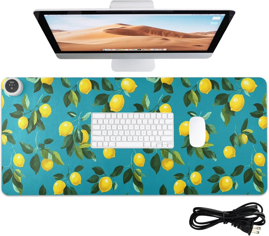 Heated Desk Pad Mouse Pad 31.5x13 Inch PU Leather Desk Mat with 3 Heat Levels Large Mouse Gaming Computer Laptop Mat Teal Lemons
