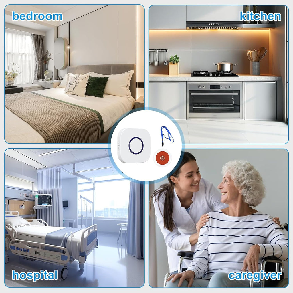 Wireless Caregiver Pager Dual Receiver Home Alert System with Emergency Call Bell SOS Buzzer Buttons for Elderly Parents 1000+ Feet Range 38 Melodies AB Buttons No Monthly Fee 2RX+2TX White