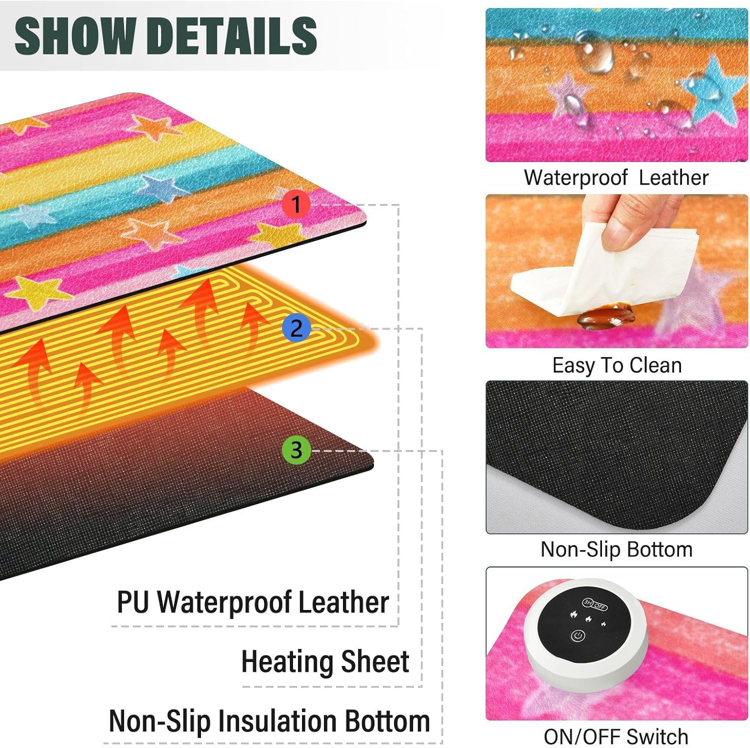 Heated Desk Pad Mouse Pad 31.5x13 Inch PU Leather Desk Mat with 3 Heat Levels Large Mouse Gaming Computer Laptop Mat Bright Rainbow Striped Stars