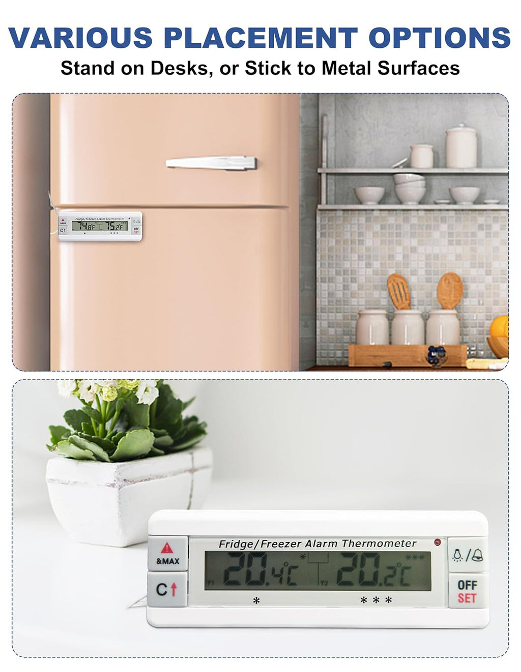 Digital Refrigerator Thermometer 2 Channel Freezer Thermometer with Alarm Sound Reminder Thermometer Fridge with Max/Min Temperature Record Freezer Alarm with Magnetic Back for Home Kitchen