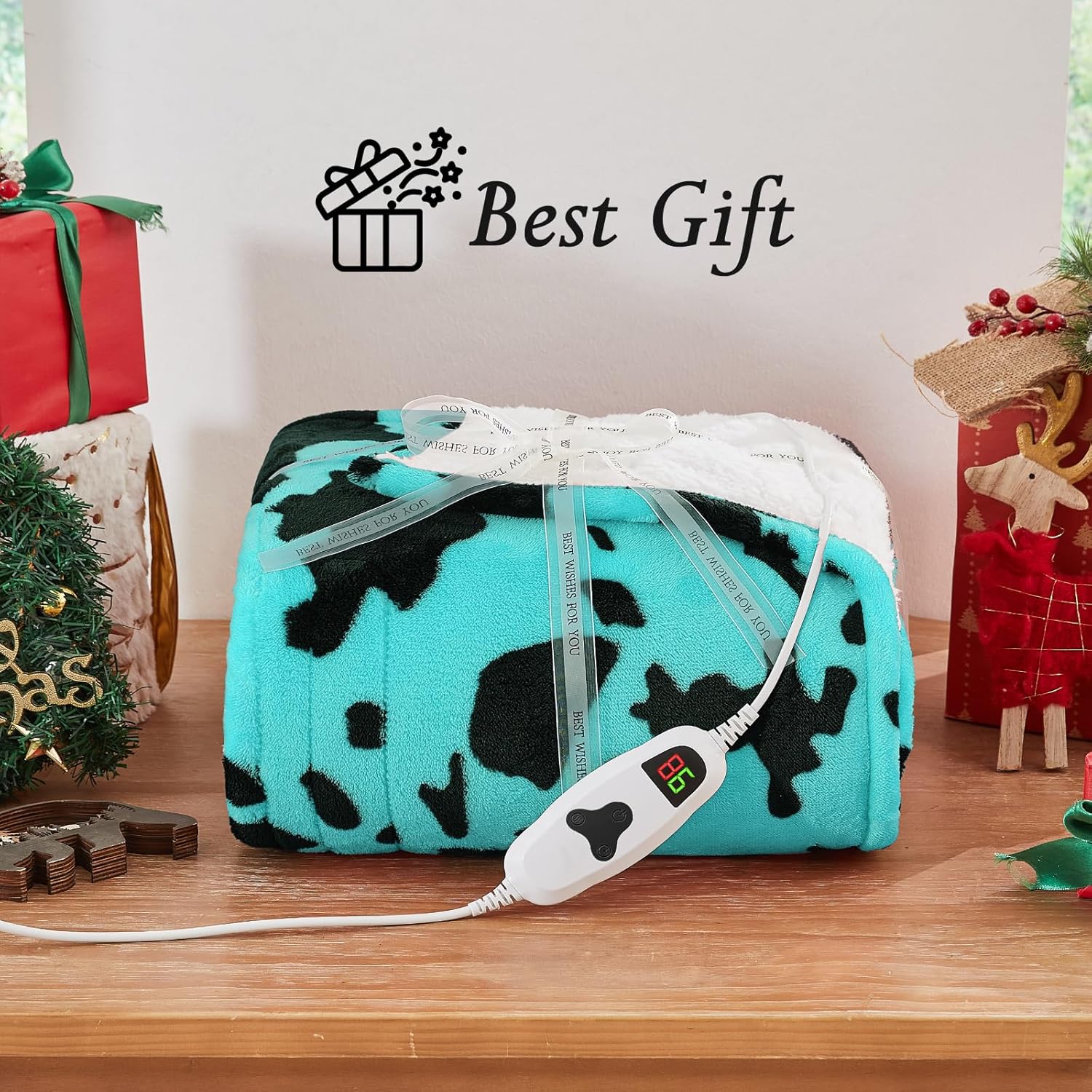 Cow Print Electric Heated Blanket Queen Size,84X90 Green Heating Blanket Queen With Dual Control&Timer&10 Heat Levels,Highland Cow Decor Fleece Sherpa Blankets Warmer Gifts for Bed Women Adults
