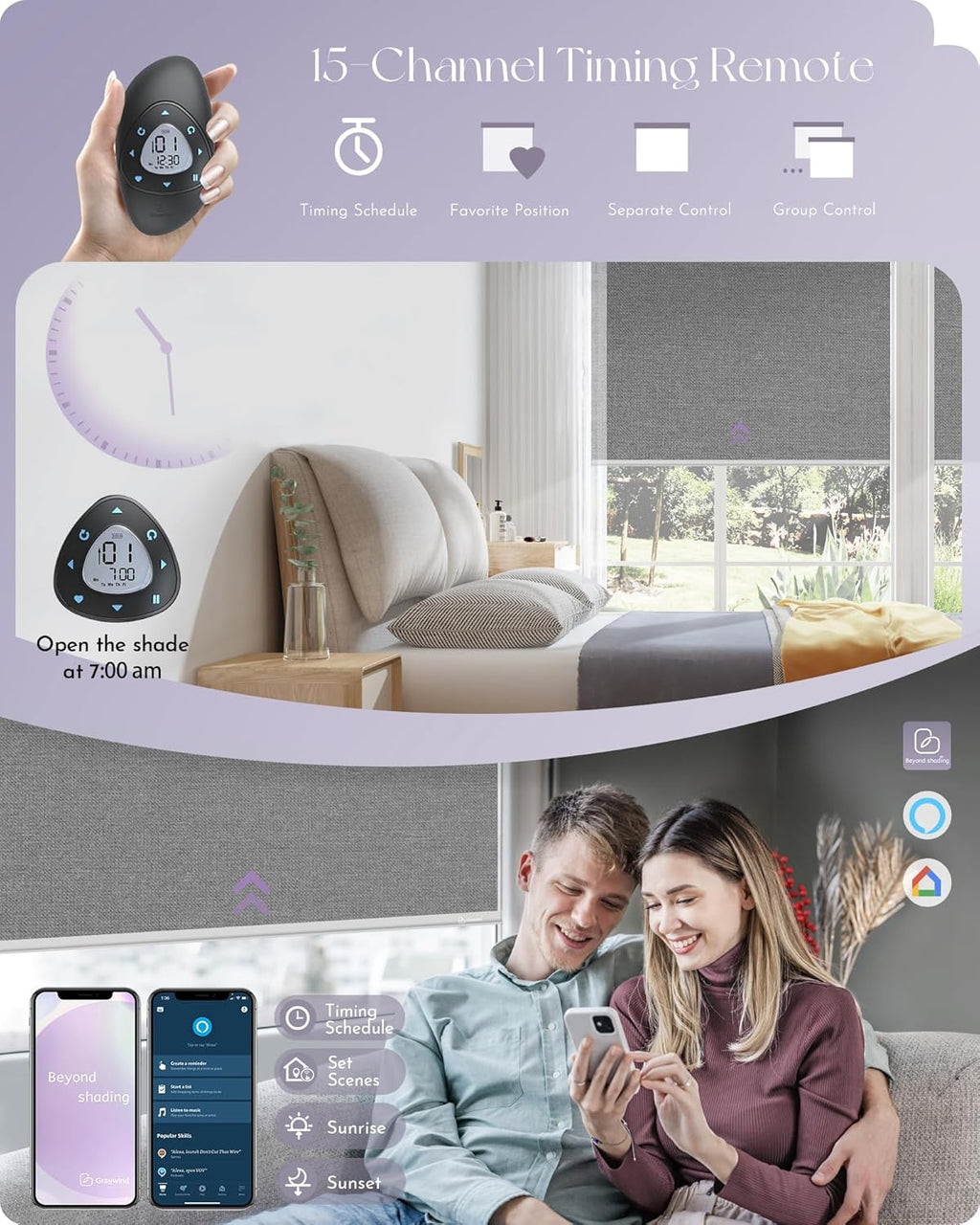 Graywind Smart Blackout Roller Shades Compatible with Alexa Google Textured Fabric Rechargeable Motorized Blinds Cordless Remote Control Window Shades, Custom Size (Weaving Cloud)