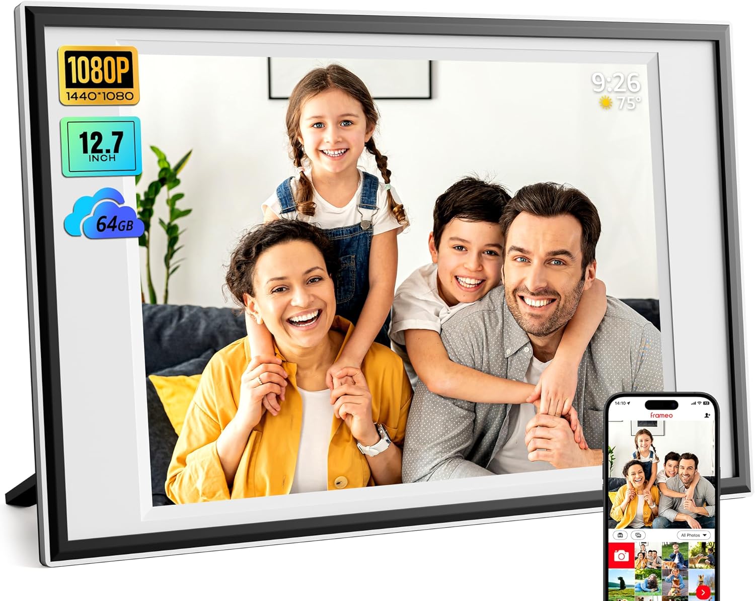 Frameo Digital Picture Frame 12.7'' 64GB Photo Frame, 1440 * 1080P IPS Touch Electronic Picture Frame, Auto-Rotate Tabletop&Wall Mounted,USB&SD Card, Sharing Photos/Videos via Free App from Anywhere