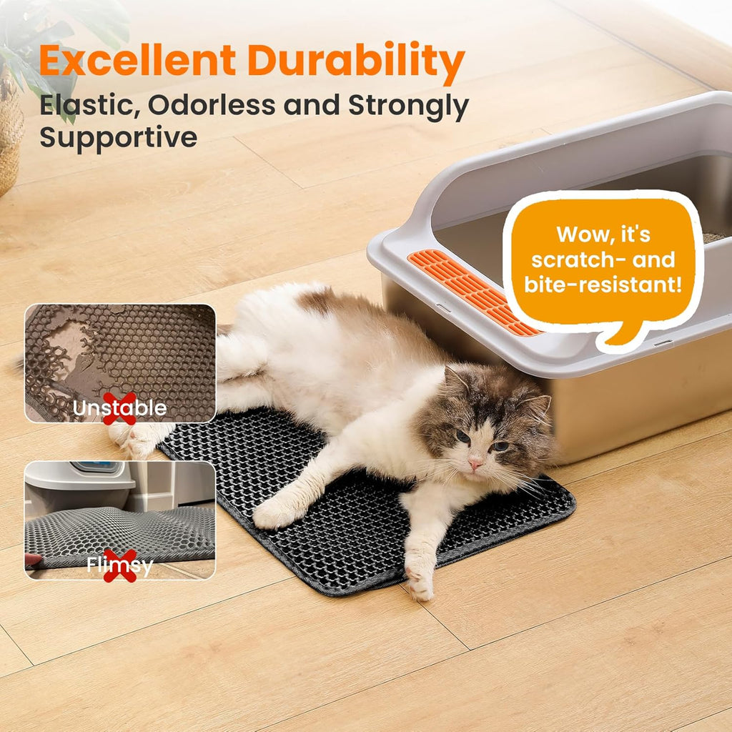 Small Cat Litter Mat, 20x14’’ Double Layer Honeycomb Cat Litter Box Mat, Non Slip Waterproof Urine Proof Litter Trapping Mat for Floor, Kitty Litter Pad, Indoor Pet Supplies, Black
