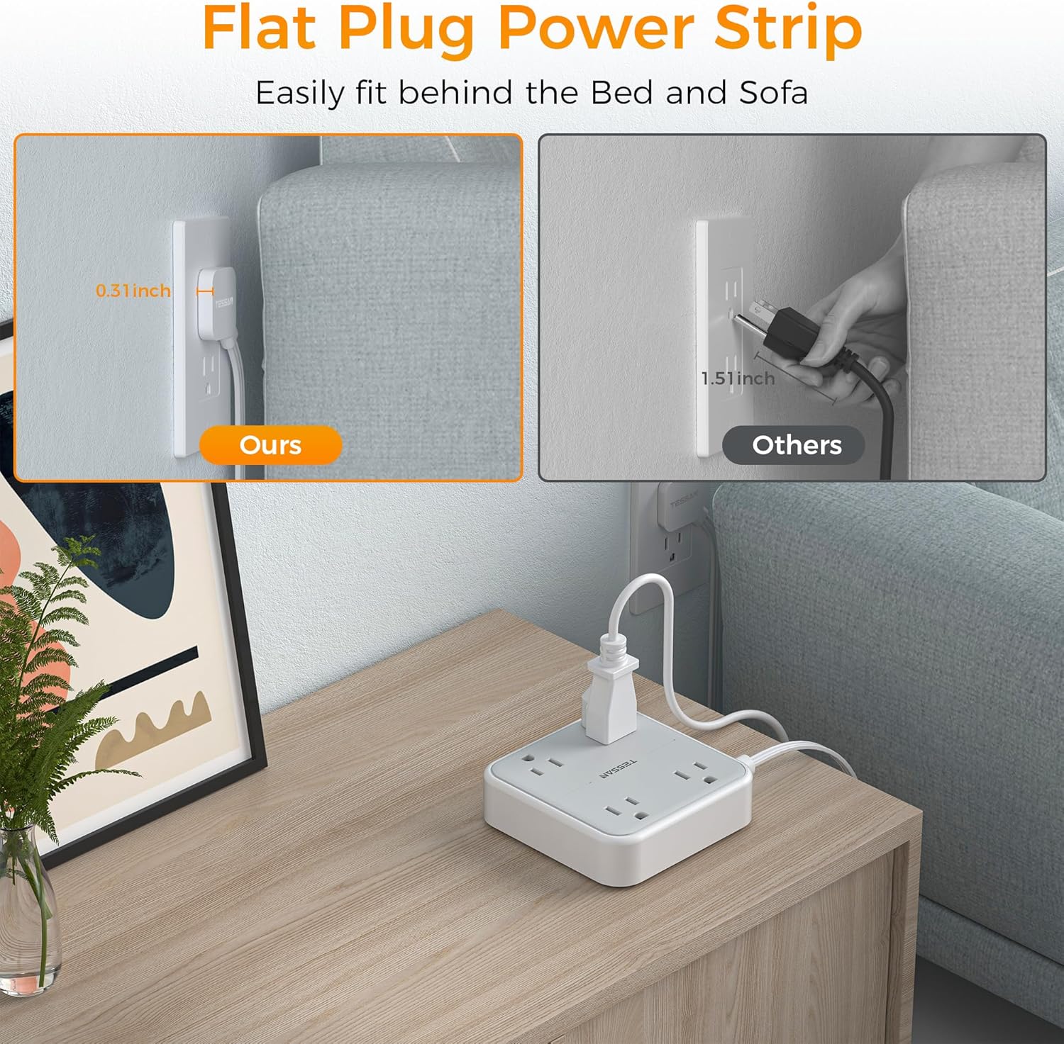 Surge Protector Power Strip, TESSAN 5 ft Extension Cord Flat Plug with 4 Widely Outlets, Indoor Desk Charging Station with Surge Protection for Home, Office Supplies, Dorm Room Essentials