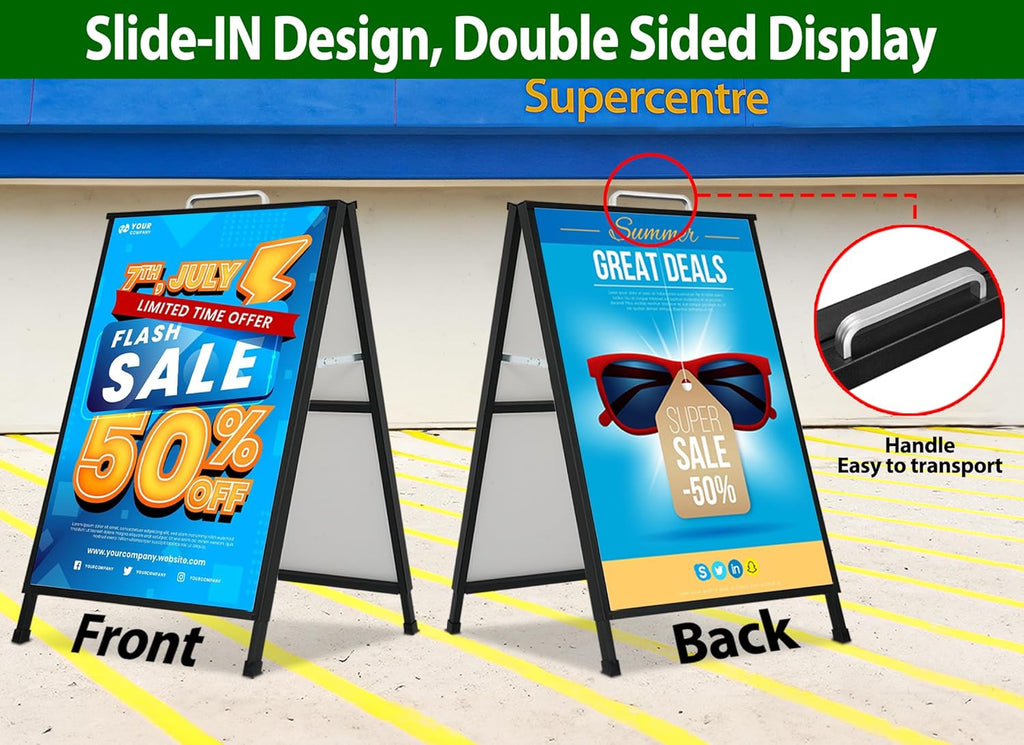 A Frame Sidewalk Sign 24 x 36 Inch Outdoor, Double-Sided Folding Sandwich Board with Handle, Heavy Duty Metal Slide-in A-Frame for Business, Advertising, Party, with 2 Plastic Boards