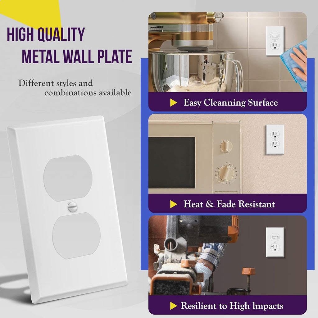ENERLITES Duplex Receptacle Metal Wall Plate, Outlet Cover, Corrosion Resistant, Standard Size 1-Gang 4.50" x 2.76", Powder Coated Stamped Steel, 7721-WM, White Matte
