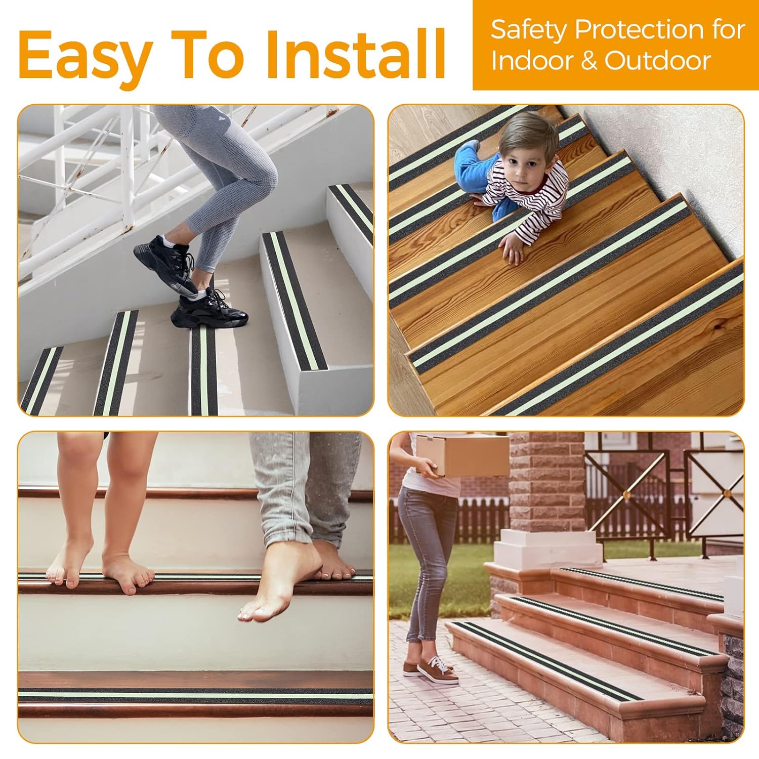 Anti Slip Traction Tape with Glow in Dark Green Stripe, 2 Inch x 16 Feet Waterproof Grip Tape, High Friction Abrasive Adhesive Non Slip Tape for Indoor and Outdoor Stairs, Black