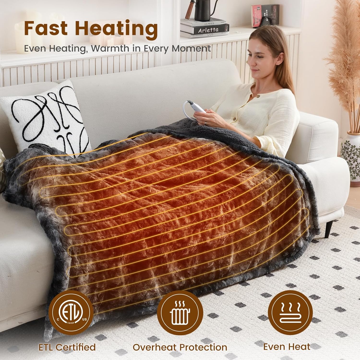 Bearhug Heated Throw Blanket 50" x 60" Electric Throw Warming Blanket Reversible Faux Fur & Sherpa, 6 Heating Levels & 4H Auto Off, Over-Heat Protect, ETL, Washable Heated Blanket Marble Black