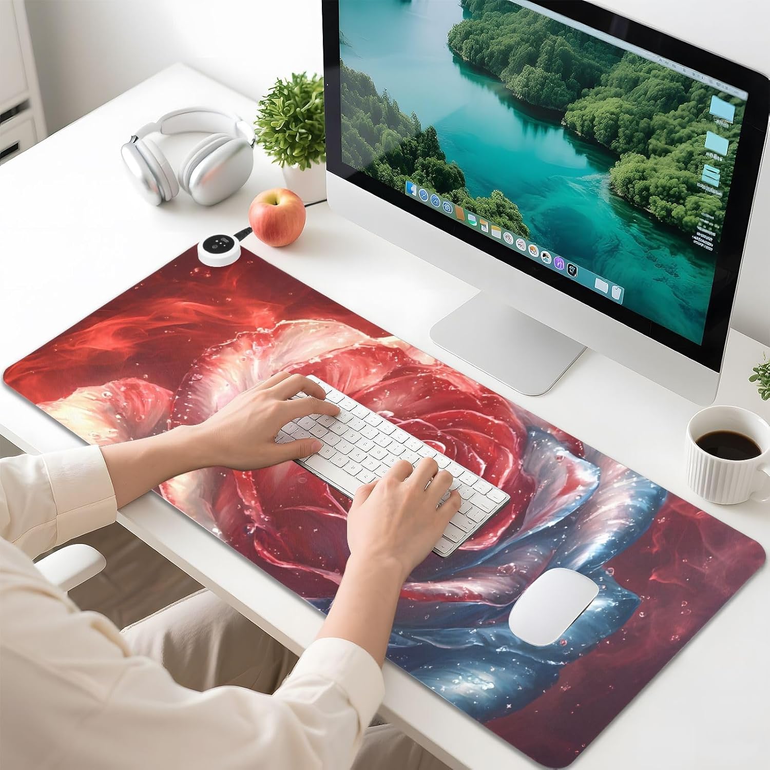 Large Heated Mouse Pad,Leather Desk Mat,31.5"x13", Hand Warmer Pads for Desk,Rose(Red)