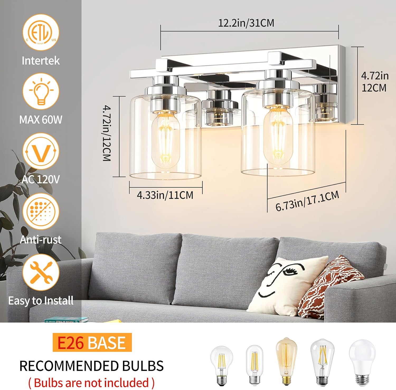 2 Light Modern Bathroom Light Fixtures Over Mirror, Chrome Vanity Lights for Bathroom Wall Sconces with Clear Glass Shades, E26 Socket (Bulbs Not Included)