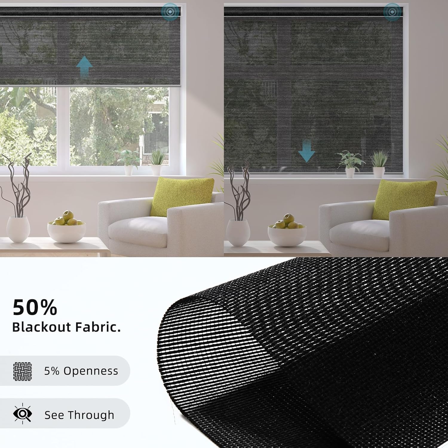 SmartWings Motorized Smart Blinds for Windows in Light Filtering, Electric Remote Roller Shades Compatible with Alexa/Google Home/Homekit, Custom Up to 110”W x 148”H, 5% Openness PVC Free Black