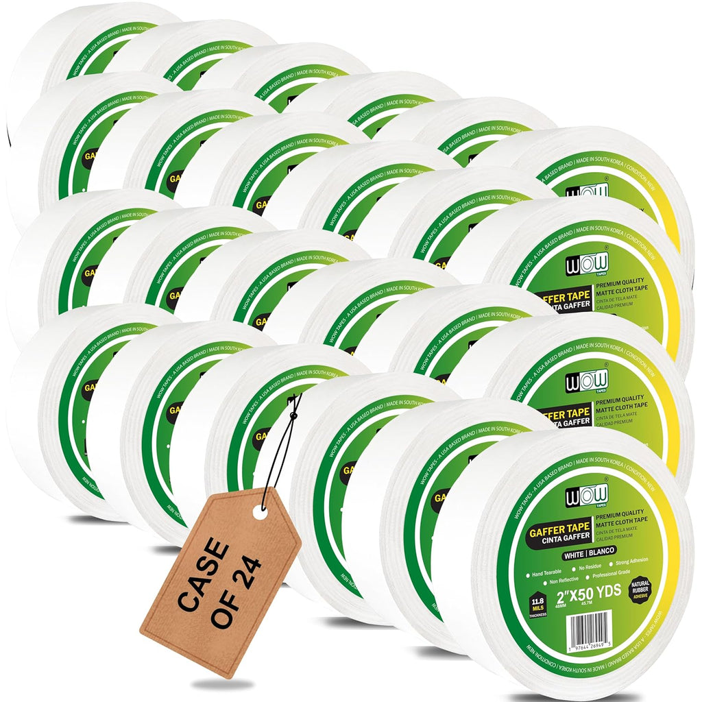 Wow Gaffers Tape 2 Inch White - 50 Yards (Case of 24), Residue Free, Non-Reflective & Heavy-Duty - Professional Grade Gaff Tape - Ideal for Photography Backdrop, Cables, Cords & Floor Taping