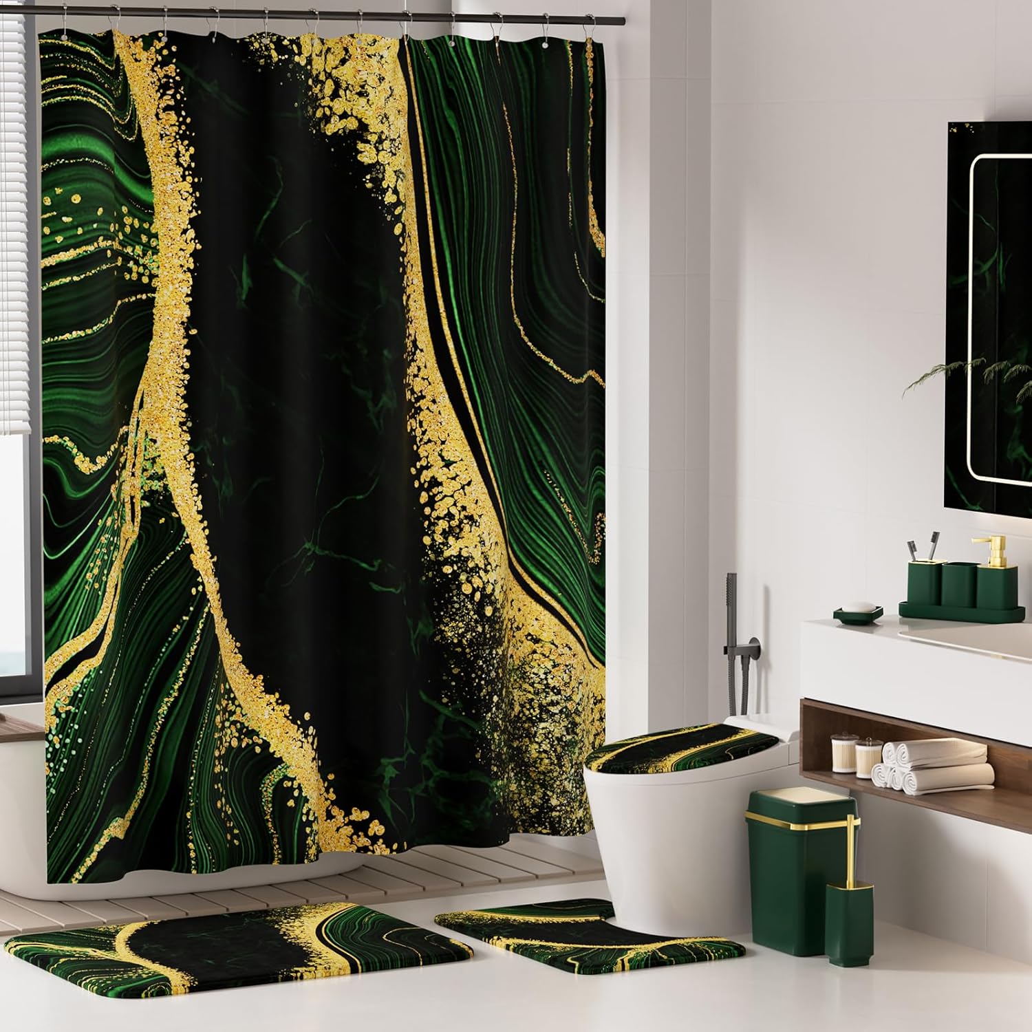 25PCS Bathroom Accessory Set, Dark Green Bathroom Set with Large-Capacity 4 Gallon Trash Can,Bathroom Rugs Set, Waterproof Shower Curtain, Toilet Brush, Toothbrush Holder & Soap Dispenser