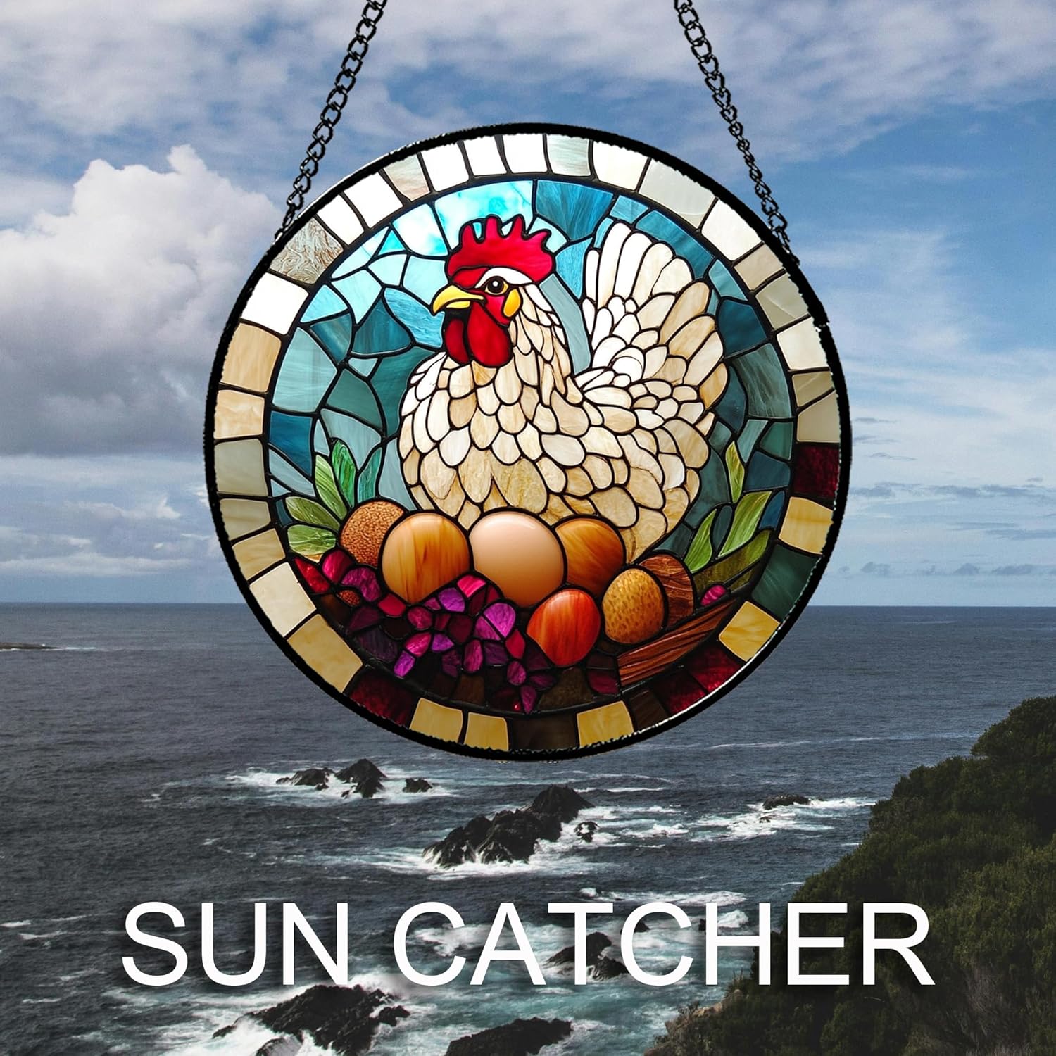 Stained Glass Window Hanging White Chicken Hatching Eggs 9.8" - Suncatcher Door Garden Sunroom Sun Catcher Home Decor Birthday Christmas for Mom Men Woman Nana