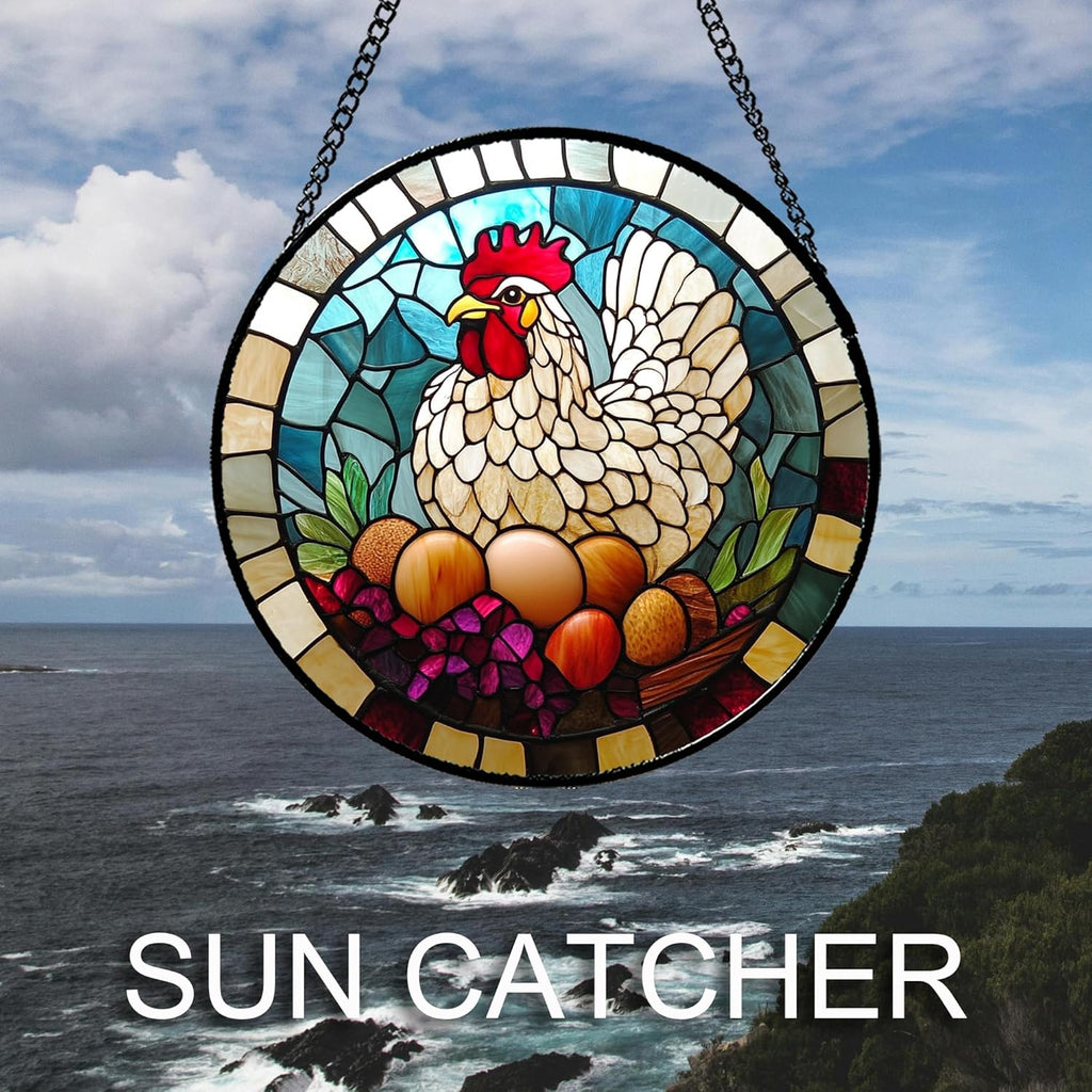 Stained Glass Window Hanging White Chicken Hatching Eggs Large 11.8" - Suncatcher Door Garden Sunroom Sun Catcher Home Decor Birthday Christmas for Mom Men Woman Nana