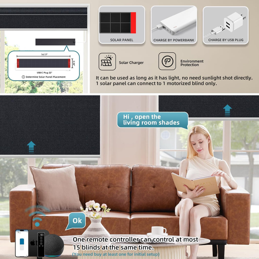 SmartWings Motorized 100% Blackout Shades Blinds, Custom Size, Cordless Window Shades Rechargeable Battery, Work with Matter/Apple HomeKit, Alexa, Thread/Zigbee, Remote Optional, Eclipse Onyx Black