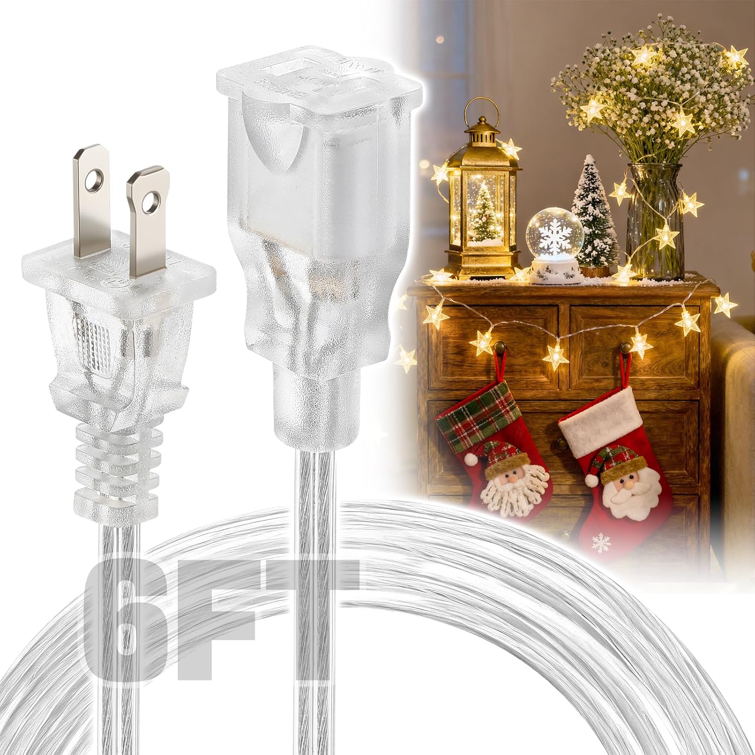 6ft Clear Extension Cord - Male to Female Invisible Indoor Thin 2 Prong Power Cable for Christmas Light Extension Cord, UL-Certified (2 x 18 AWG 250V 6A)