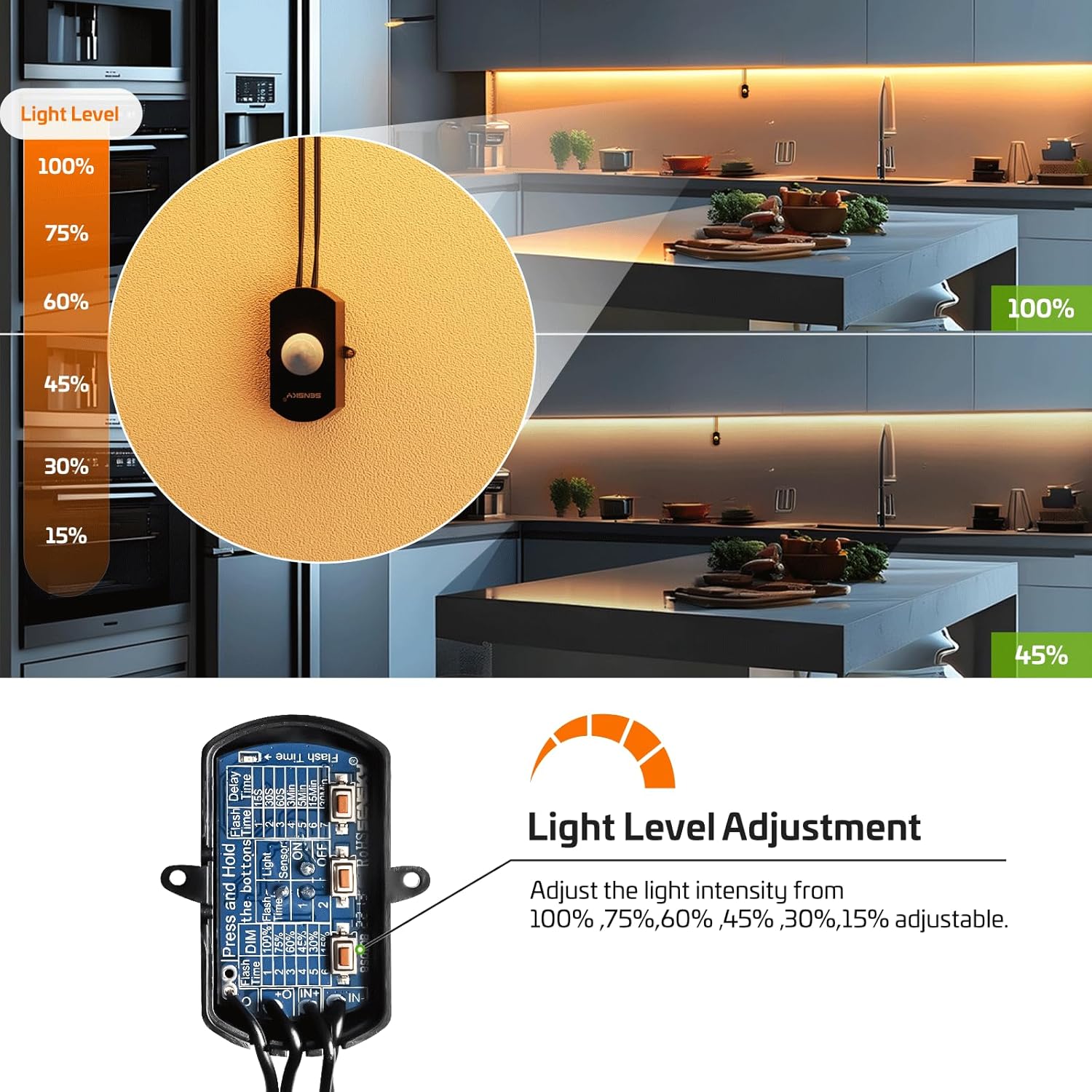 SENSKY BS010BB DC 12V/24V 3A Mini Dimmable Pir Motion Sensor Switch,Occupancy Sensor Switch for Kitchen Cabinet, Pantry, Closet led Lighting (Black-with Light Sensor)