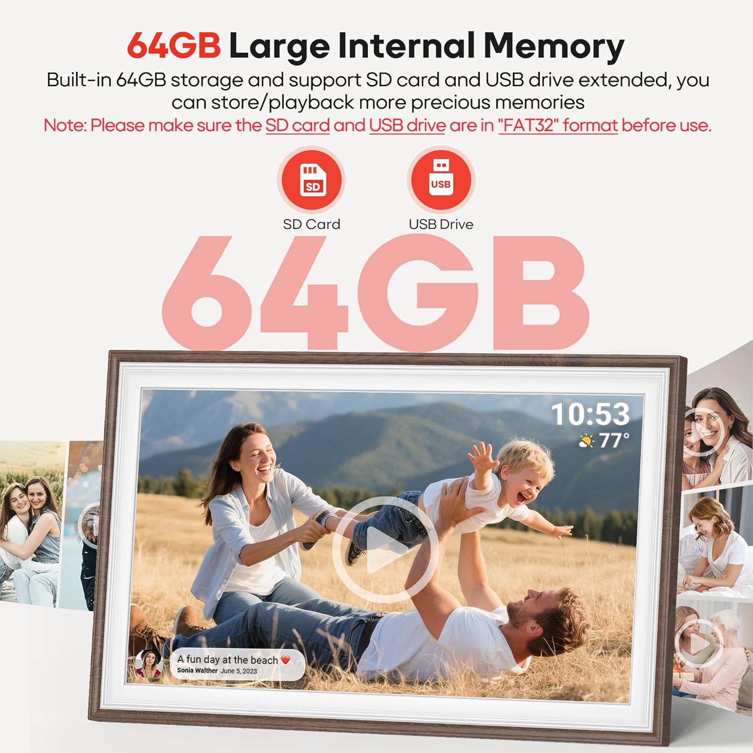 64GB Frameo 15.6" Digital Picture Frame Large 1920 x 1080 IPS FHD Touch Screen WiFi Electronic Photo Frames Share Moments Instantly Anywhere Best Gifts for Parents and Grandparents Brown Wood White