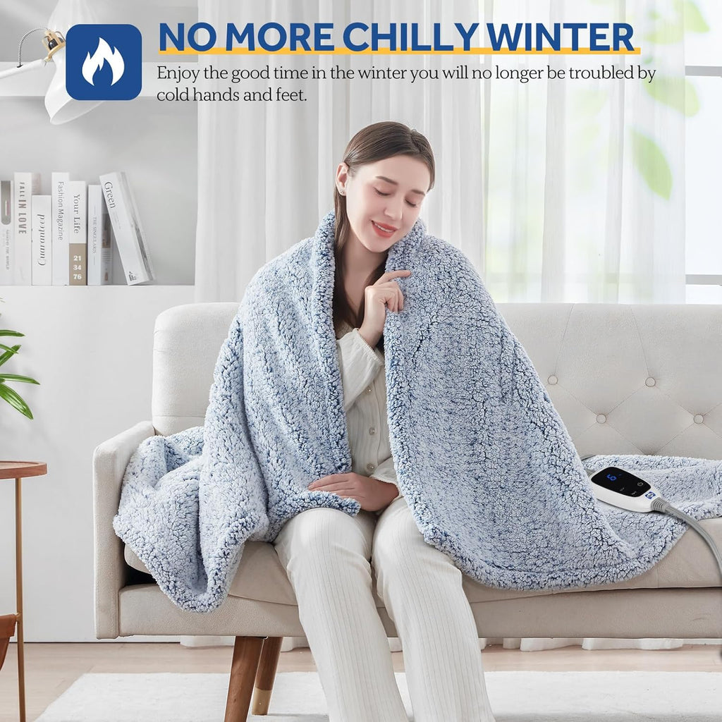 Sealy Electric Blanket Heated Throw 50"x60" Soft Double Sherpa Super Cozy with 6 Fast Heating Levels & 2-10 Hours Auto-Off, Over-Heat Protection, Machine Washable, Blue