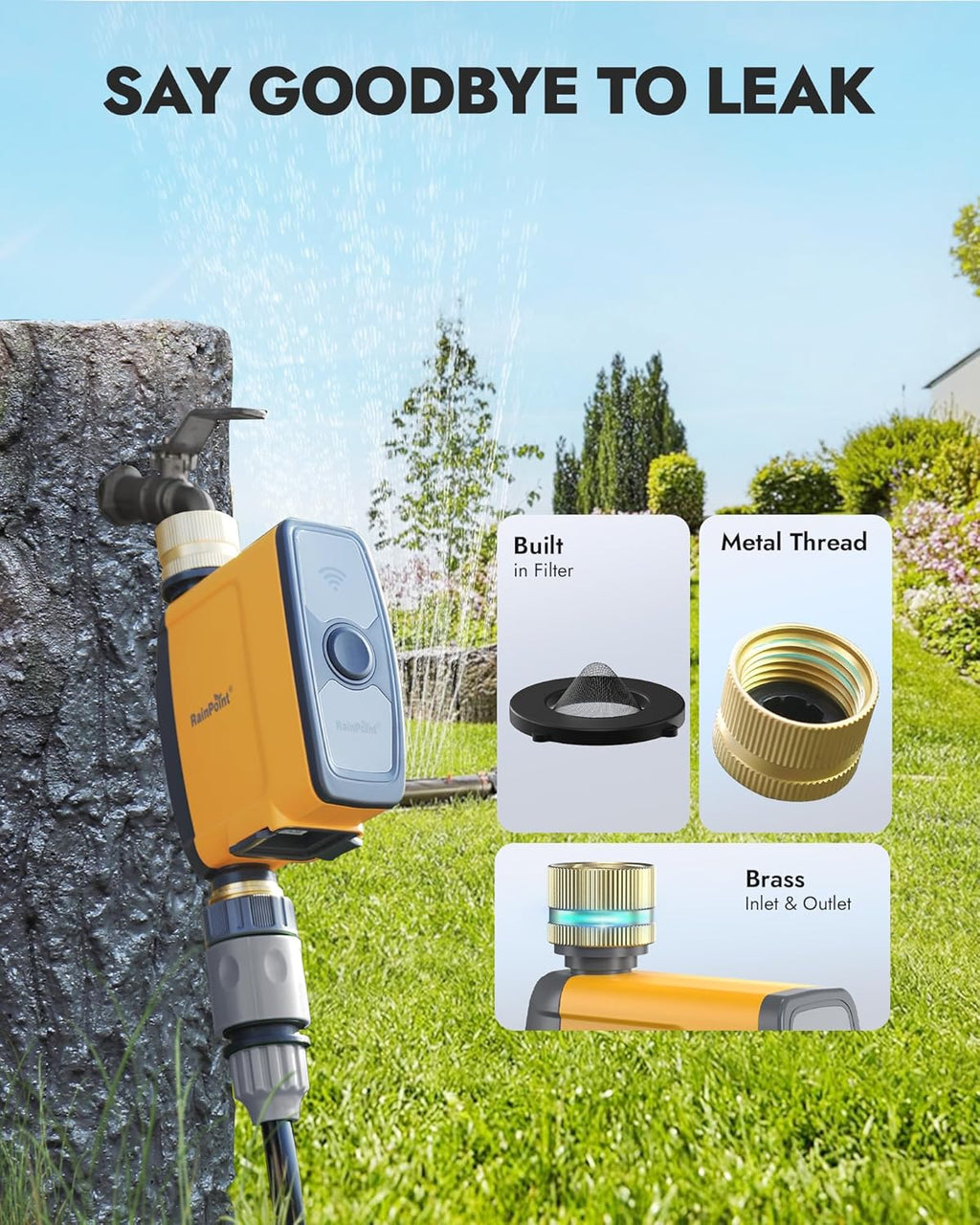 RAINPOINT WiFi Water Timer, Smart Sprinkler System Valve With APP & Voice Control, Weather-Based Automatic Rain Delay, Brass Inlet & Outlet (No WiFi Hub)