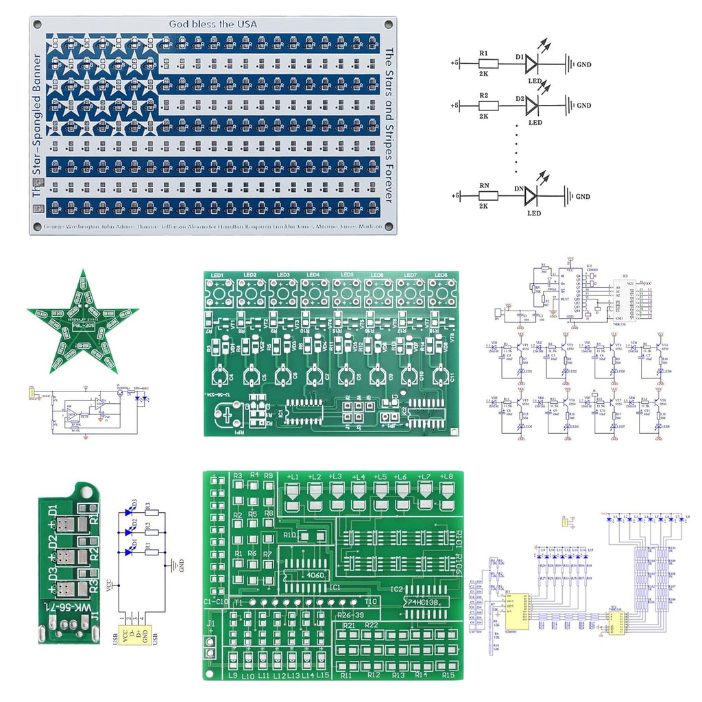 5in1 DIY Soldering practice Kit! Includes Small USA Flag, Star LED, USB Night Light, 15Way Flow & Drip Lights. SMD/SMT projects, ideal for beginners.This exercise kit can unleash your creativity