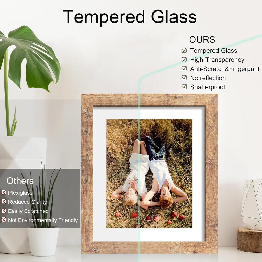 iRahmen 10x12 Picture Frame with HD Tempered Glass, Display Pictures 8x10 with Mat or 10 x 12 Without Mat, Wood Photo Frame for Tabletop and Wall Display (Rustic Brown, 1 Pack)