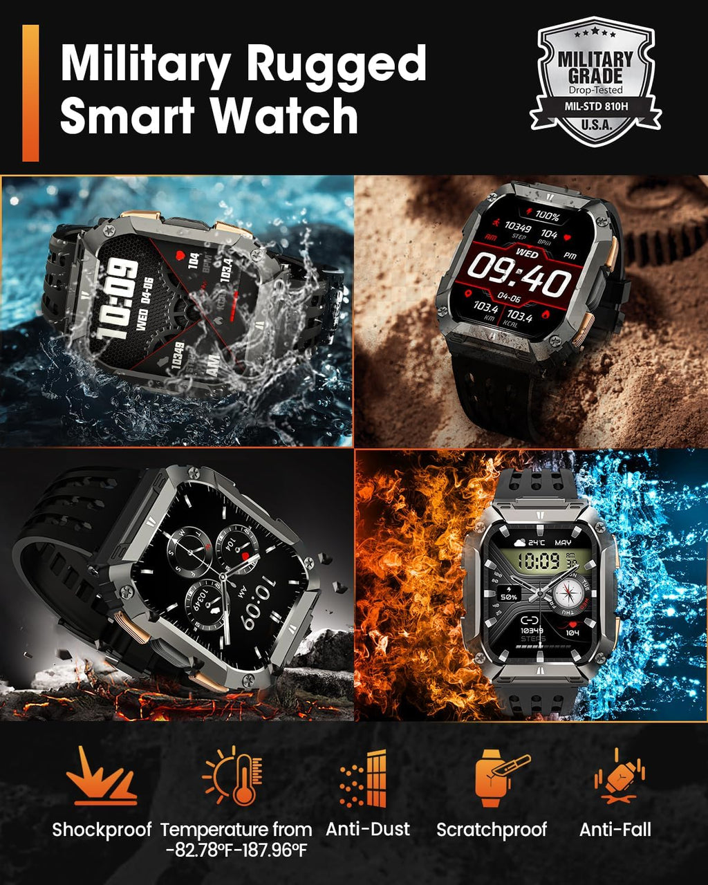 Smart Watches for Men, Military Smart Watch with 100 Days Battery/LED Flashlight, 1.95'' Fitness Watch with Heart Rate/ Sleep Monitor/100+ Sports Mode, 5 ATM Rugged Smartwatch for Android and iPhone