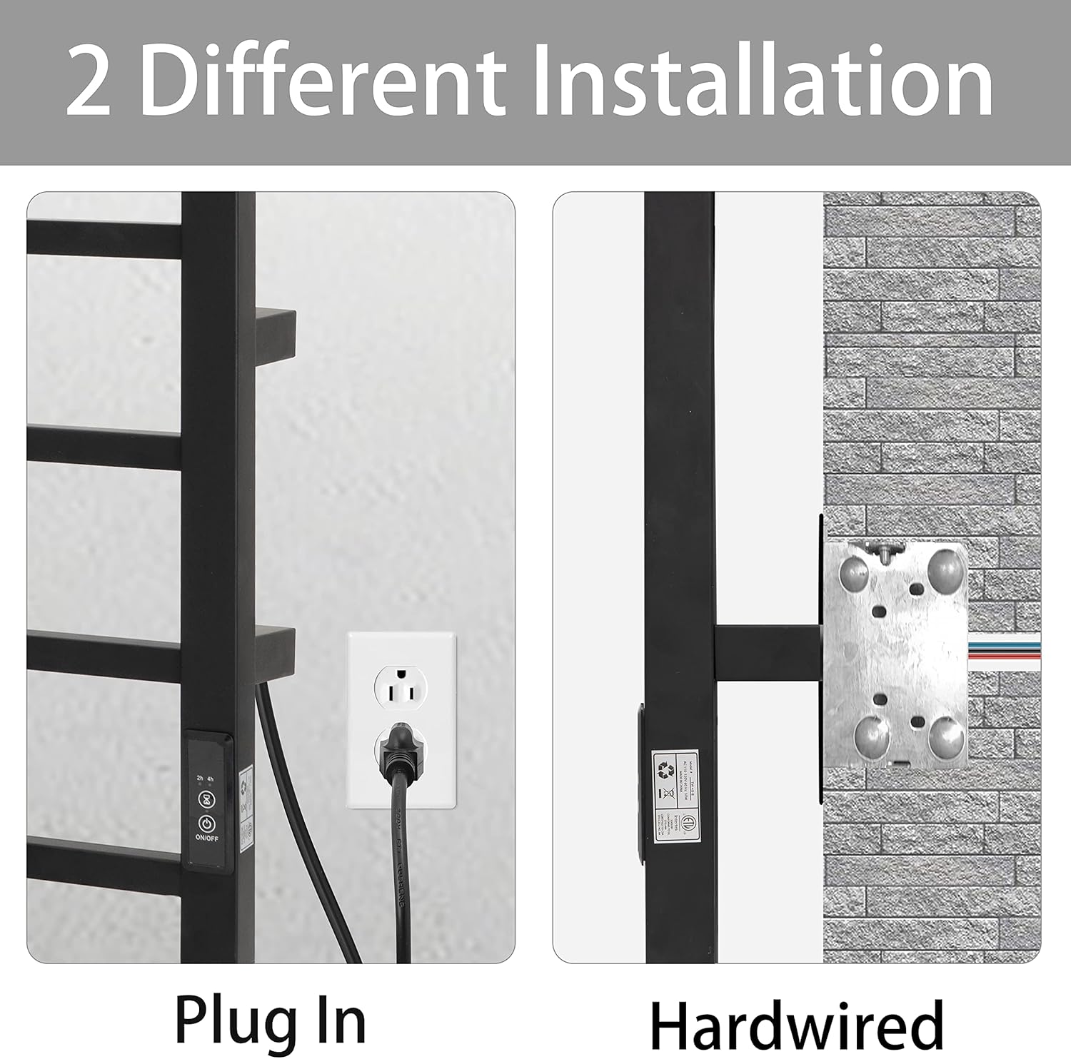 KEG Towel Warmer 4 Bars for Bathroom Wall Mounted Bath Towel Heater Hardwired and Plug-in with Built-in Timer Matte Black