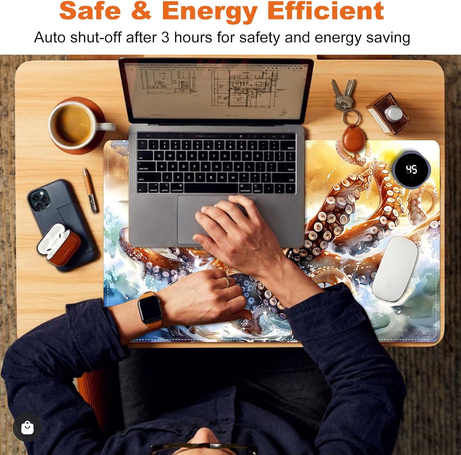 Small Heated Desk Pad 23.6" x 14.2" – Compact Electric Mouse Pad with 3 Heating Levels, Auto Shut-Off, Waterproof PU Surface, Plug-in Warmer for Office or Home Use, Ocean Octopus