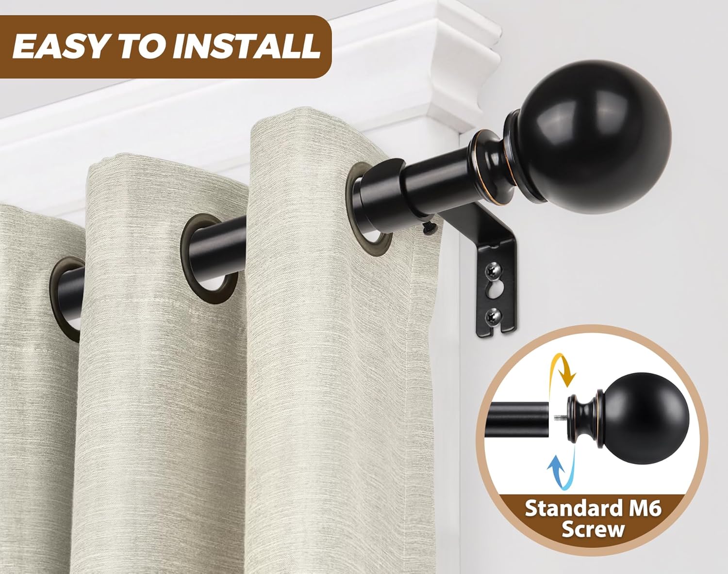 KAMANINA 2 Pack Curtain Rods for Windows 48 to 84 Inch (4-7ft), 7/8 Inch Single Heavy Duty Window Curtain Rod Adjustable Decorative Drapery Rods with Round End, Black