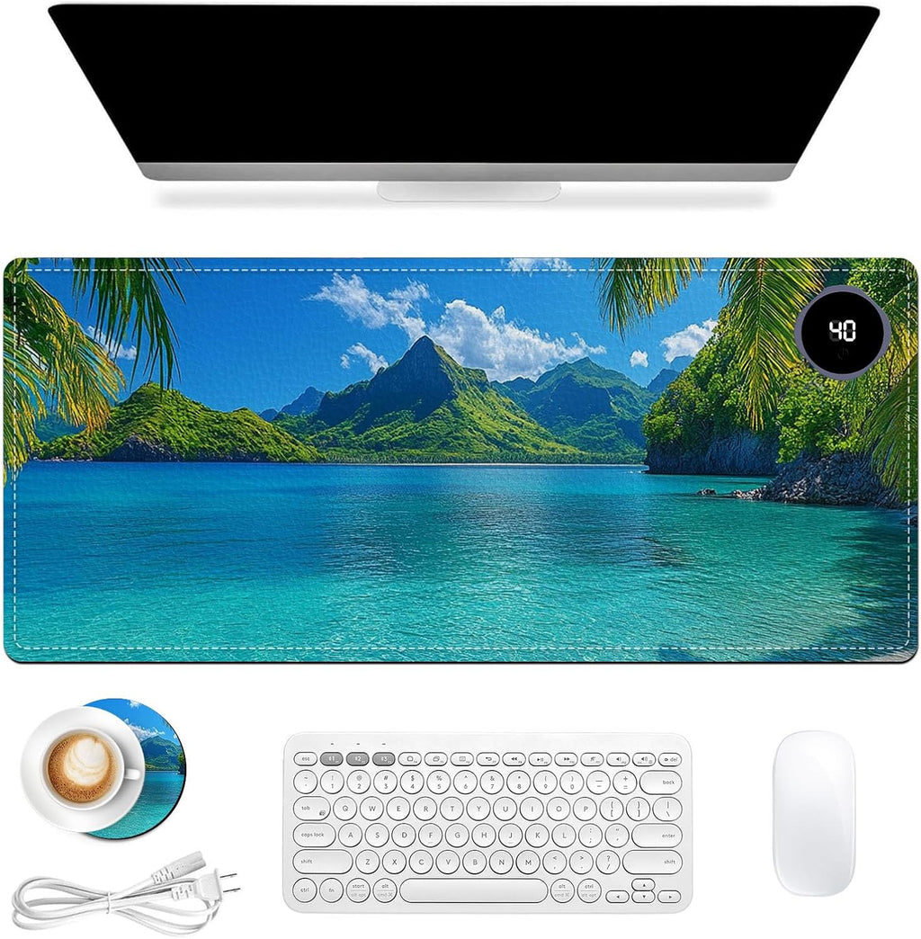 Heated Mouse Pad 31.5x13 in 3-Temp Fast Heating Desk Mat with Auto Timer Warmer for Hands Wrist Pain Relief Waterproof Keyboard Mat for Office, Gaming, Home, Tropical Paradise Beach
