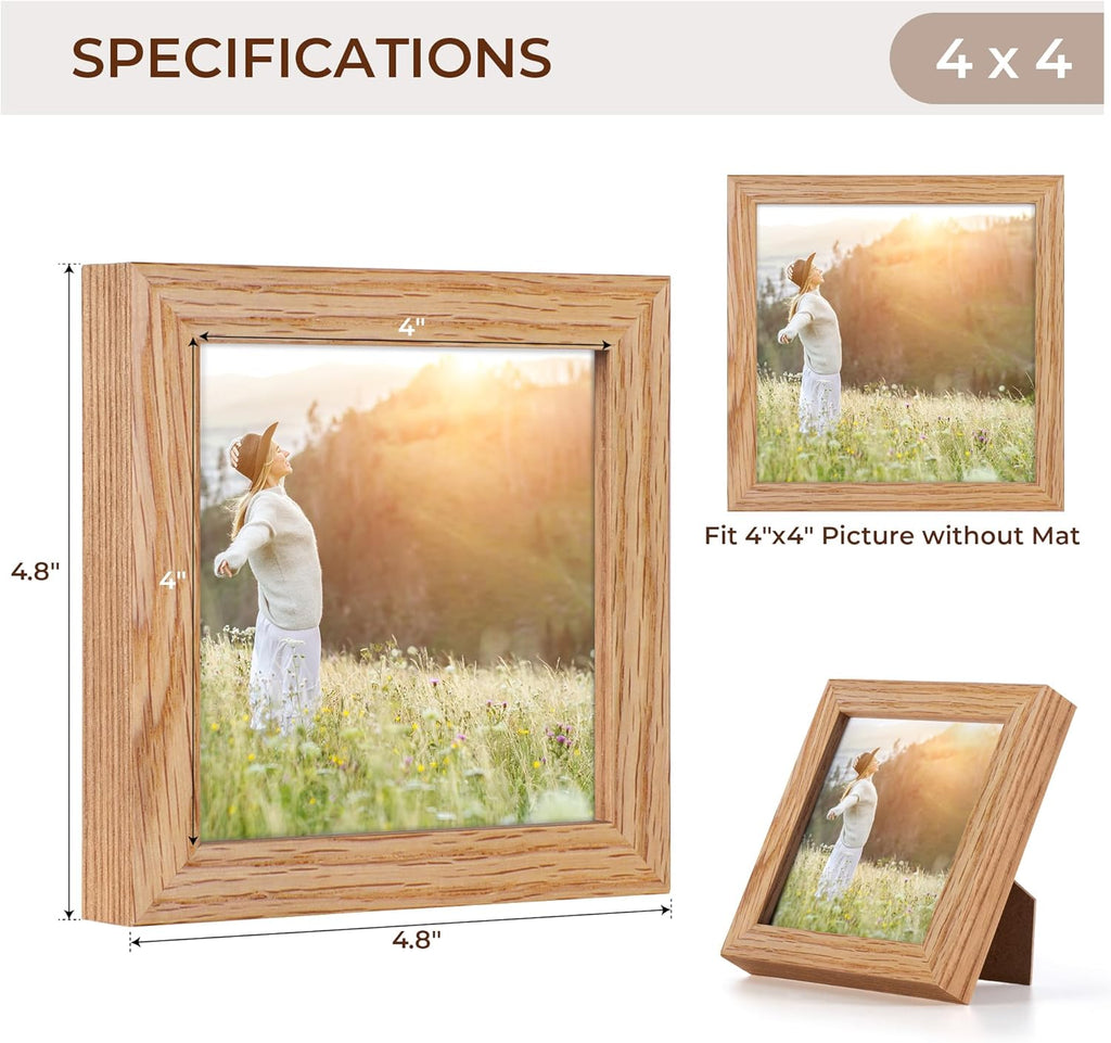 Solid White Oak Wood 4x4 Picture Frame - Set of 2 with Tempered Real Glass for Wall & Tabletop Display