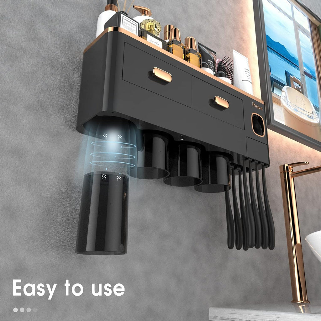 iHave Toothbrush Holders for Bathrooms - Upgrade Wall Mounted Toothbrush Holder with Toothpaste Dispenser - 4 Cups, Large Capacity Tray, 2 Cosmetic Drawer - Bathroom Organizers and Storage