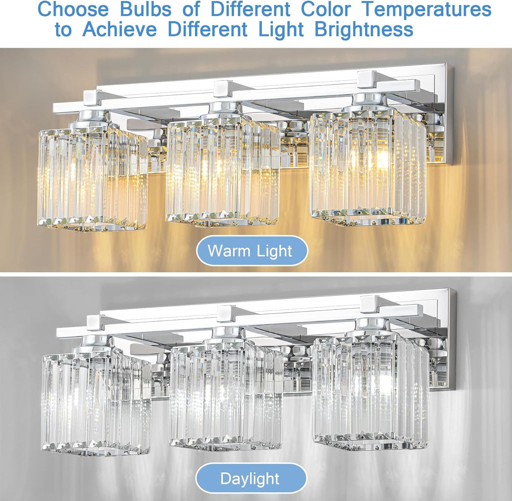 Crystal Bathroom Light Fixtures, 3 Light Chrome Vanity Lighting Over Mirror with Crystal Shades, Modern Bathroom Vanity Light for Restroom, Bath, Cabinet and Powder Room