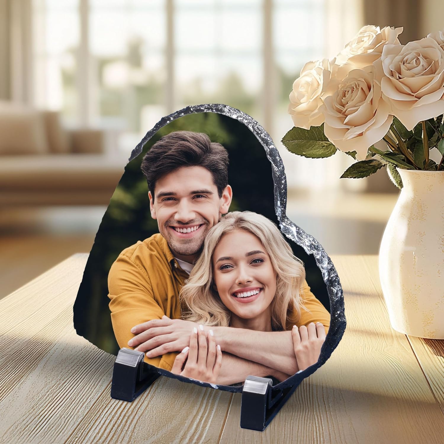 ArtPix 3D Christmas Personalized Slate Plate, Customized Xmas Photo Print Stone, Custom Picture Gift for Wife, Women, Family, Her, Him, Rock Slate Plaque Frame (Large - Heart Shape)