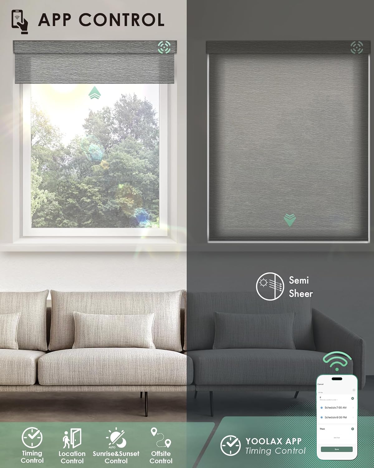 Yoolax Motorized Blinds with Remote, Light Filtering Smart Blinds Compatible with Alexa Google Home, Automatic Roller Shades for Indoor Windows Living Room, Custom Size (Cool Gray)