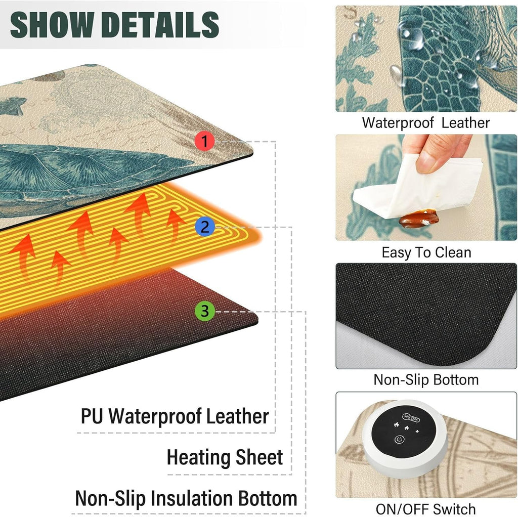 Heated Desk Pad Mouse Pad 31.5x13 Inch PU Leather Desk Mat with 3 Heat Levels Large Mouse Gaming Computer Laptop Mat Retro Sea Turtle Compass