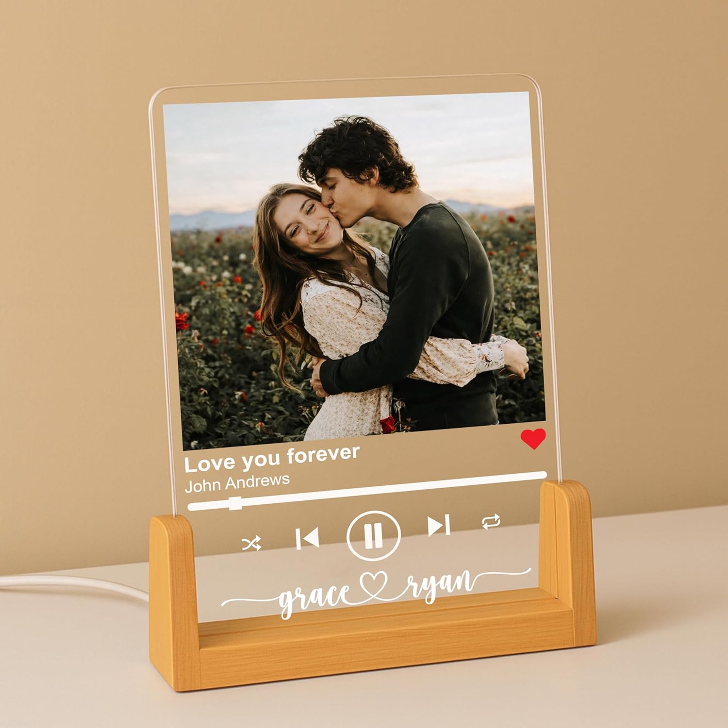 NAZENTI Personalized Couple Photo Frame with Light, Custom Picture Plaque with Stand, Couple Music Song Night Light, Gift for Him, Valentine Day Gifts for Girlfriend Boyfriend