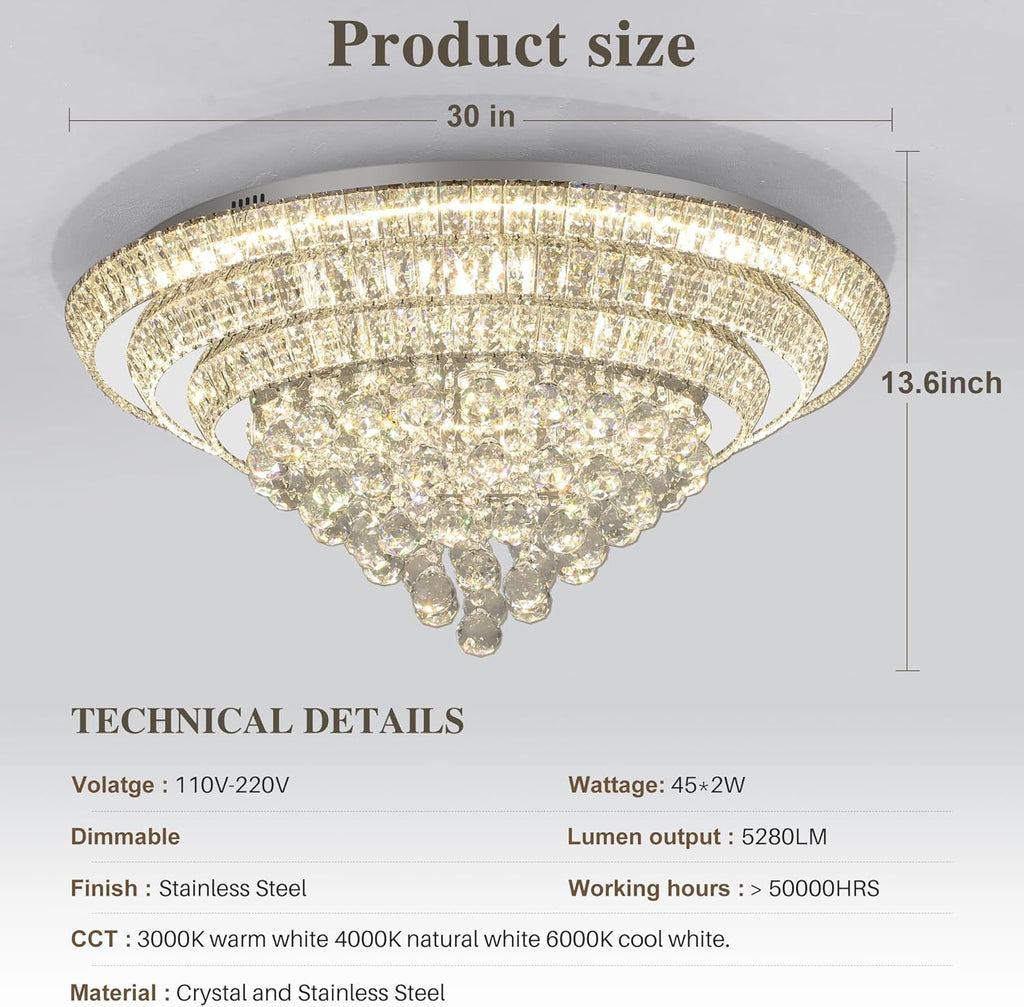Elegant LED Crystal Raindrop Ceiling Light, 30" Flush Mount Chandelier Light Fixture with Remote Control for Living Room Kitchen Island Bedroom Hallway Entryway Foyer(Dimmable)