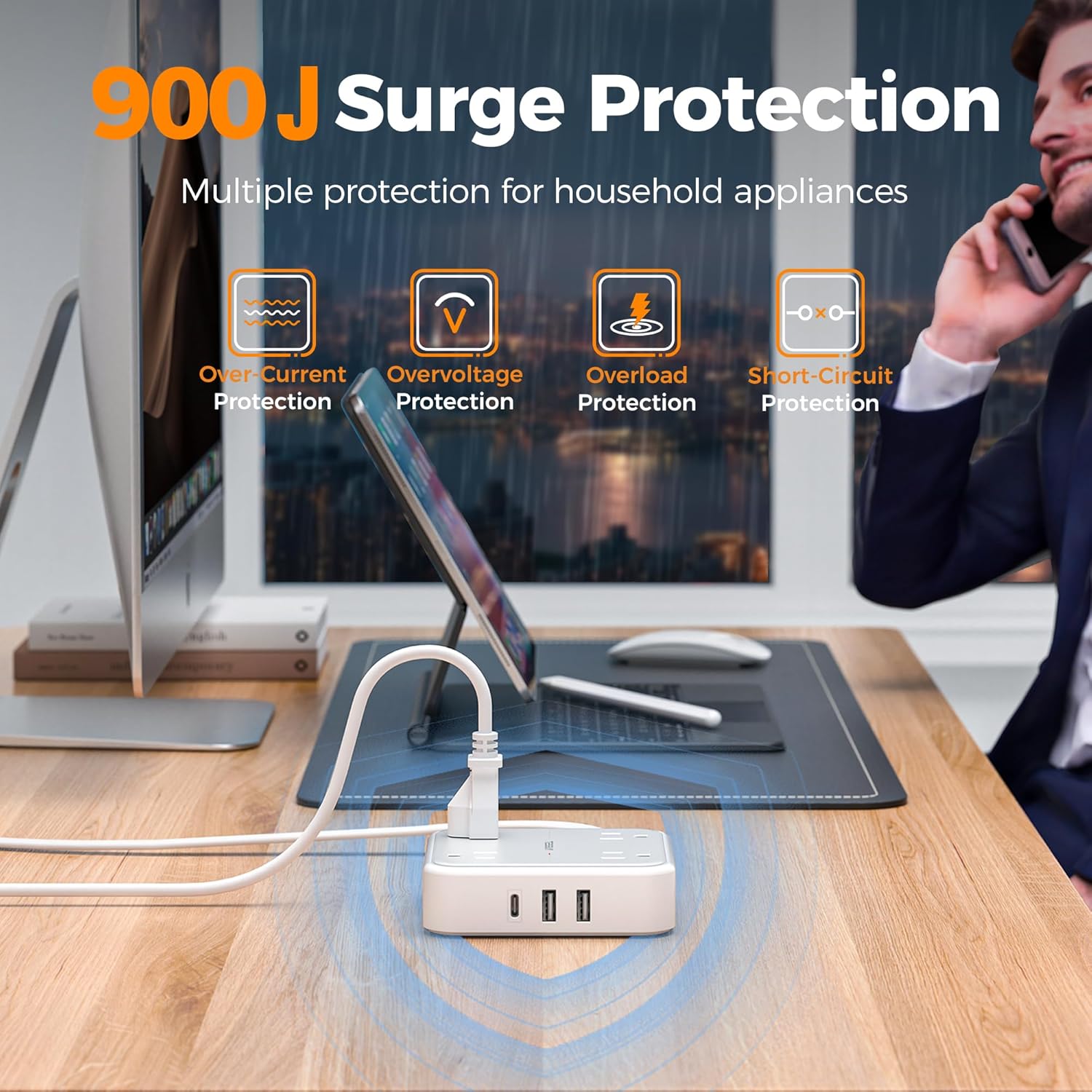 Flat Plug Extension Cord 5 Ft, TESSAN Surge Protector Power Strip Ring Pull with 3 USB (1 USB C) 4 Outlets, 900 Joules Protection, Desktop Charging Station for Home, Office, College, Dorm Room, Gray