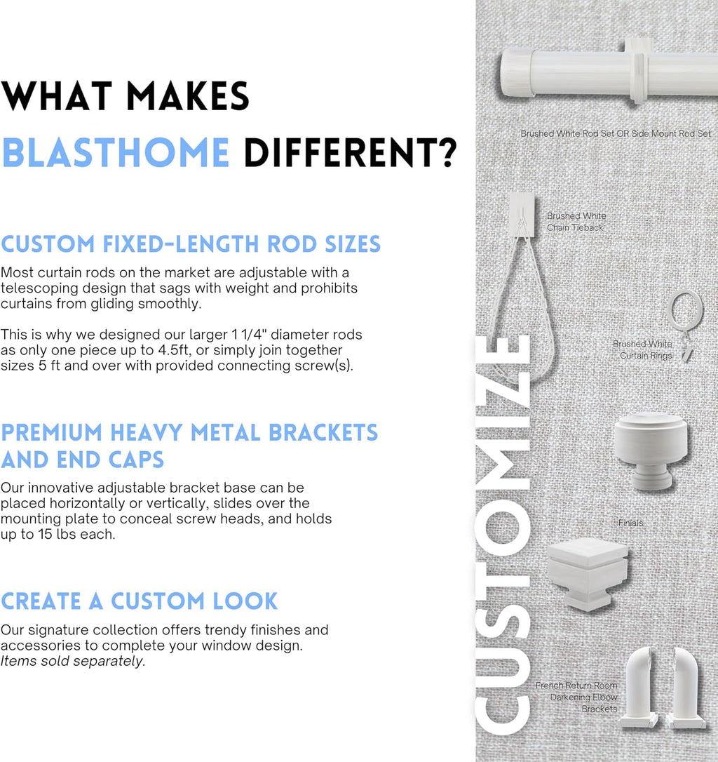 BlastHome® Non-Adjustable Luxury Curtain Rods for Windows, 1 ¼” Rod Set, 8 foot Fixed Length (Two Rods Connect for a Seamless Look), Brushed White